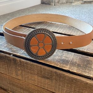 Vintage Bohemian wide leather belt with wood and brass round buckle